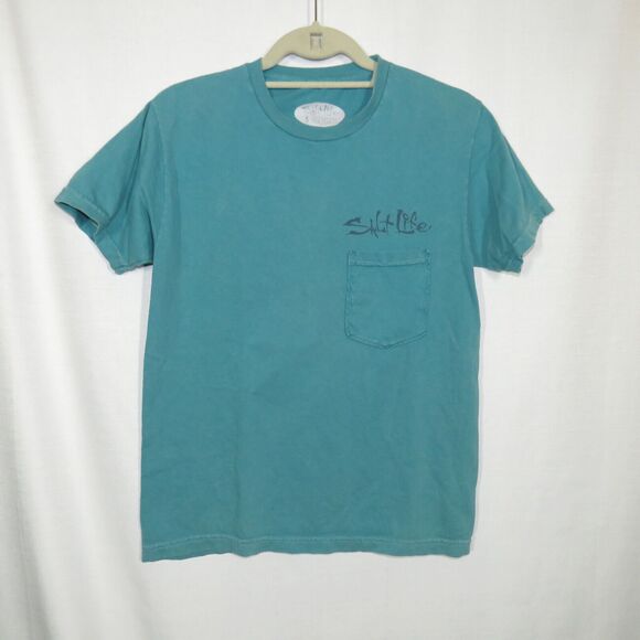 Salt Life Teal Skull Compass Rose Nautical Cotton Pocket Tee Shirt Size Small - Picture 6 of 8